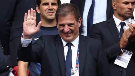 Le président de la Fédération française de rugby, Florian Grill, lors du match entre la France et l'Australie au Stade de France à Saint-Denis, le 27 août 2023. (ANNE-CHRISTINE POUJOULAT / AFP)