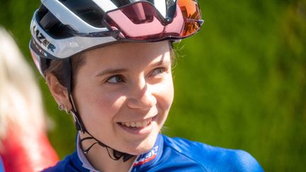 La Française Evita Muzic a terminé à la deuxième place de la quatrième étape du Tour de France 2022, le 27 juillet 2022. (FLORIAN FRISON / DPPI via AFP)