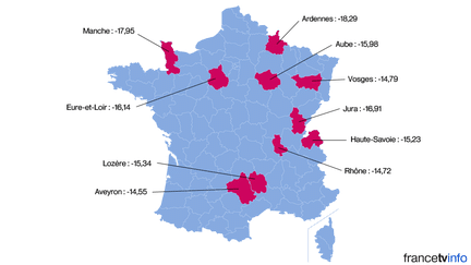 Les dix d&eacute;partements o&ugrave; le PS a le plus recul&eacute; entre le premier tour de l'&eacute;lection pr&eacute;sidentielle de 2012 et le premier tour des &eacute;lections d&eacute;partementales de 2015. (FRANCETV INFO )