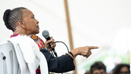 Christiane Taubira&nbsp;lors du Festival international du journalisme, à Marmande (Lot-et-Garonne), le 9 juillet 2021. (DUPRAT STEPHANE / HANS LUCAS / AFP)