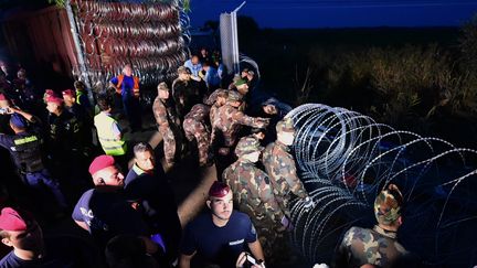 Derni&egrave;re phase de montage de la cl&ocirc;ture entre la Serbie et la Hongrie, le 14 septembre 2015. (ATTILA KISBENEDEK / AFP)