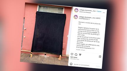 Les messages collés à l'adresse de Gérald Darmanin sur la vitrine du café-librairie féministe Les Parleuses avait été recouvert de bâches noirs par les  policier, le 9 décembre 2022. (CAPTURE ECRAN INSTAGRAM)