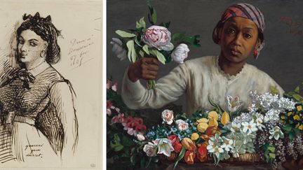 A gauche, Charles Baudelaire, "Portrait de Jeanne Duval", 1865, Paris, musée d'Orsay ; à droite, Frédéric Bazille, "Femme aux pivoines", 1870, Washington, National Gallery of Art, collection de M. et Mme Paul Mellon, 1983
 (A gauche, photo © RMN-Grand Palais (musée d’Orsay) / Jean-Gilles Berizzi ; à droite © Courtesy National Gallery of Art, Washington, NGA Images)