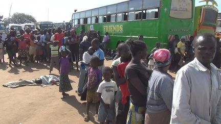 A la frontière entre le Soudan du Sud et l'Ouganda, en mars 2017. Une fois que les réfugiés ont passé la frontière à pied, ils sont emmenés en bus vers des camps. (Gilles Gallinaro / Radio France)