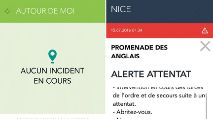  Après l'attaque commise à Nice (Alpes-Maritimes), une notification a invité la population à ne "pas s'exposer" et à s'"abriter", sur l'application SAIP. (CAPTURE D'ECRAN)