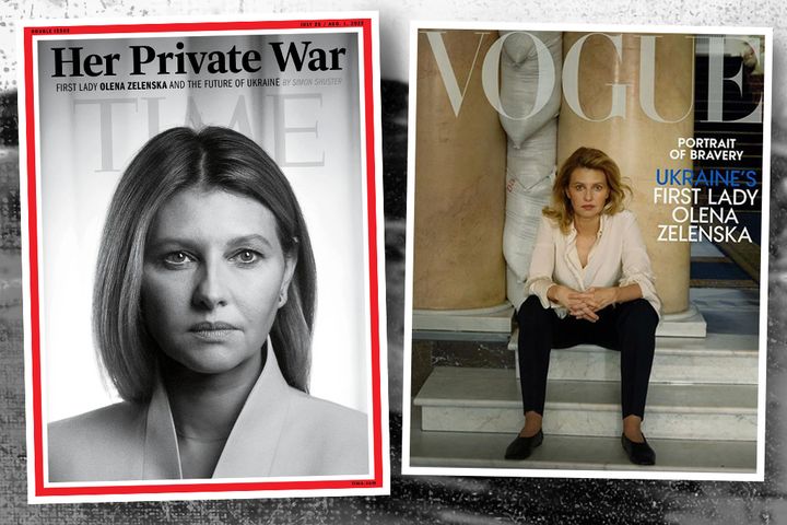 La Première dame ukrainienne, Olena Zelenska, en couverture du magazine "Time "(à gauche) et de "Vogue" (à droite). (VOGUE / TIME MAGAZINE)