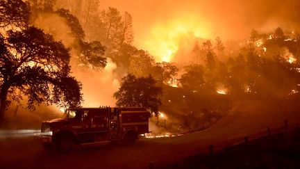 Un camion de la Cal Fire (compagnie californienne de pompiers) s'&eacute;loigne des flammes, toujours &agrave; proximit&eacute; du lac Clear en Californie, le 2 ao&ucirc;t 2015. (JOSH EDELSON / AFP)