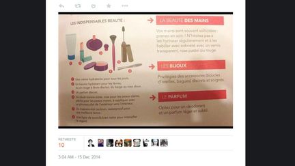 Capture d'&eacute;cran du document de la SNCF qui a fuit&eacute; sur Twitter, donnant des conseils beaut&eacute; &agrave; ses employ&eacute;es, le 15 d&eacute;cembre 2014. (TWITTER)