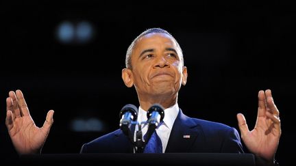 Barack Obama s'adresse &agrave; ses partisans, apr&egrave;s son &eacute;lection dans la nuit du 6 au 7 novembre 2012, dans son fief de Chicago (Illinois).&nbsp; (JEWEL SAMAD / AFP)