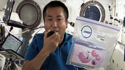 Un astronaute japonais brandit des noyaux de cerise dans la Station spatiale internationale, le 13 avril 2009. (JAXA / AFP)