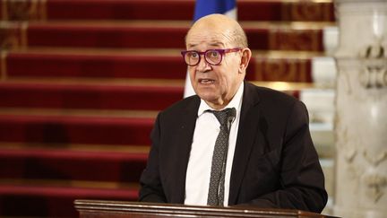 Jean-Yves Le Drian s'exprime lors d'une conférence de presse au Caire (Egypte), le 11 janvier 2021. (KHALED DESOUKI / AFP)