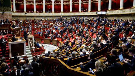 Le ministre de l'Intérieur, Gérald Darmanin, s'exprime à l'Assemblée nationale, lors de l'examen du projet de loi immigration, le 19 décembre 2023. (LUDOVIC MARIN / AFP)