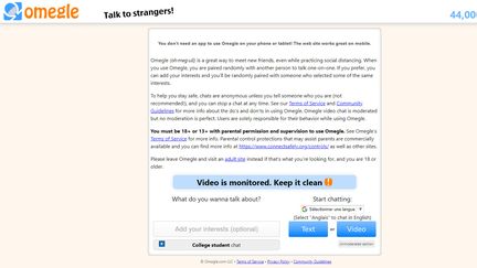 La page d'accueil de la plateforme de discussion aléatoire Omegle. (CAPTURE D'ÉCRAN)