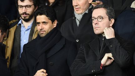 Nasser Al-Khelaïfi, le président du PSG, et Jacques-Henri Eyraud, le président de l'Olympique de Marseille. (FRANCK FIFE / AFP)