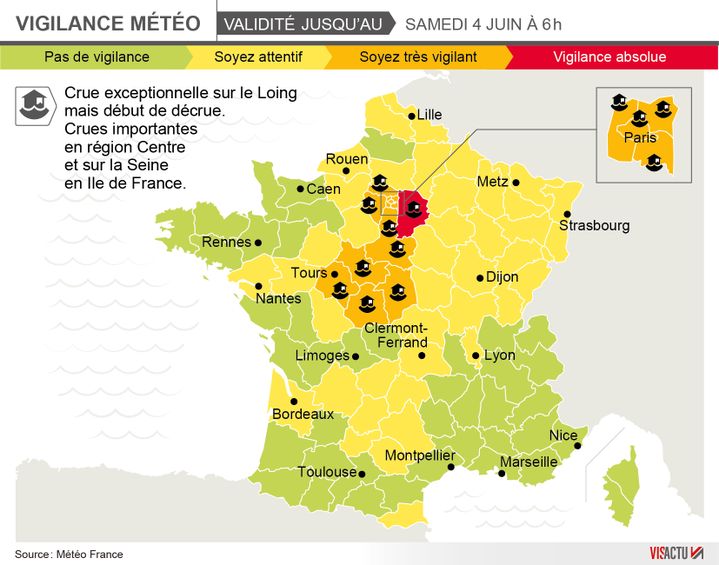 &nbsp; (12 départements sont encore en vigilance orange, et un en rouge ©Visactu)