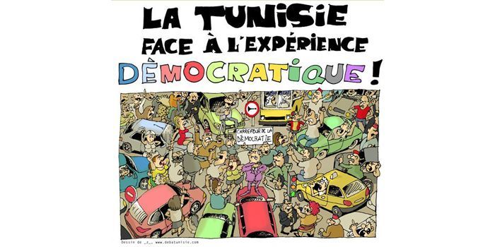 «La Tunisie face à l'expérience démocratique»: pas facile, facile après des années sous le boisseau d'une dictature... Affiche d'une exposition de Z au Parlement européen à Bruxelles en mars 2012. (Z - DEBATunisie)