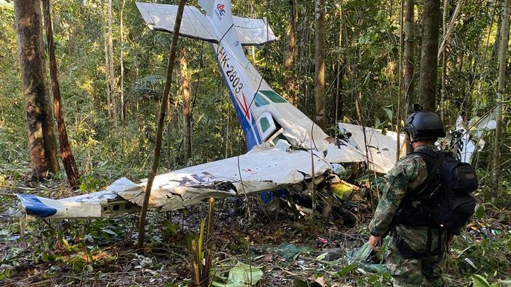 La carcasse de l'avion à bord duquel les quatre enfants se trouvaient, pris en photo le 19 mai 2023, en Colombie. (COLOMBIAN ARMY / ANADOLU AGENCY / AFP)