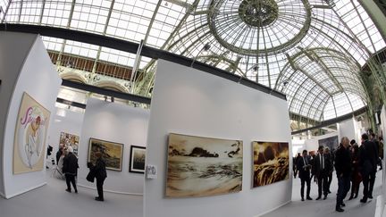 Des visiteurs se baladent entre les stands d'"Art Paris" au Grand Palais en 2015.&nbsp; (FRANCOIS GUILLOT / AFP)