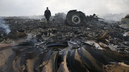 Un secouriste marche au milieu des d&eacute;bris du MH17 de Malaysia Airlines, qui s'est crash&eacute; en Ukraine, le 17 juillet 2014. (MAXIM ZMEYEV / REUTERS)