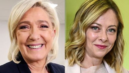 Giorgia Meloni (D), cheffe du gouvernement italien, Marine Le Pen, leader du RN (G). (TIZIANA FABI,FRANCOIS LO PRESTI / AFP)