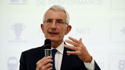 Le président de la SNCF Guillaume Pepy lors d'une conférence de presse à Saint-Denis (Seine-Saint-Denis), le 28 février 2019, pour présenter les résultats financiers du groupe. (ERIC PIERMONT / AFP)