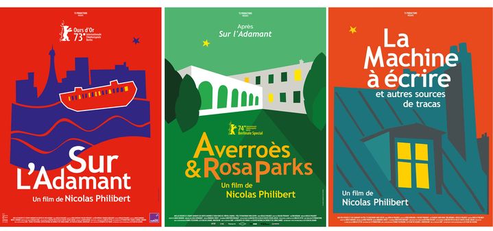 Affiches des films "Sur l'Adamant" (2023), "Averroès et Rosa Parks" (2024) "La machine à écrire et autres sources de tracas" (2024). (LES FILMS DU LOSANGE)