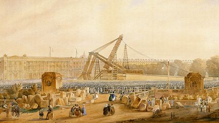 Érection de l’Obélisque de Louxor, 25 octobre 1836, détails, aquarelle. Cayrac, 1837 - Dépôt du musée du Louvre
 (Musée national de la Marine / P.Dantec)