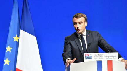 Le président de la République, Emmanuel Macron, au congrès des Maires de France, le 19 novembre 2019. (DANIEL PIER / NURPHOTO / AFP)