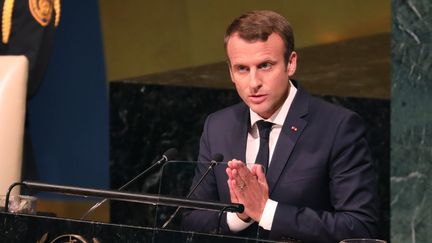 Le président de la République, Emmanuel Macron, face à l'Assemblée générale des Nations unies, le 19 septembre 2017 à New York (Etats-Unis).&nbsp; (LUDOVIC MARIN / AFP)