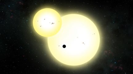 Une vue artistique de l'exoplanète&nbsp;Kepler-1647 b devant ses deux étoiles lors d'une éclipse, réalisée le 13 juin 2016. (LYNETTE COOK / SAN DIEGO STATE UNIVERSITY LYNET / AFP)