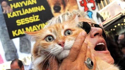 Manifestation pour d&eacute;fendre les droits des animaux &agrave; Istanbul (Turquie), le 30 septembre 2012. (BULENT KILIC / AFP)