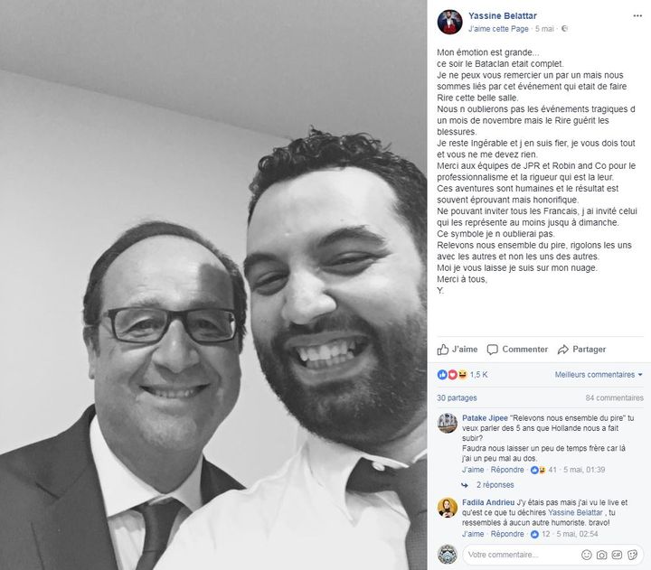 La page Facebook de l'humoriste Yassine Belattar, où il a posté un selfie avec François Hollande, alors président de la République, le 5 mai 2017. (YASSINE BELATTAR / FACEBOOK)