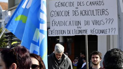 Manifestation d'éleveurs devant la Chambre de commerce et d'industrie de Mont-de-Marsan (Landes) lors de la visite de Stéphane Le Foll, le 21 février 2017. (GEORGES GOBET / AFP)