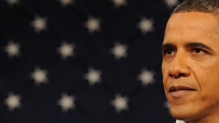 Le pr&eacute;sident am&eacute;ricain, Barack Obama, lors de son discours sur l'&eacute;tat de l'Union face au Congr&egrave;s, le 24 janvier 2012 &agrave; Washington (Etats-Unis). (SAUL LOEB / POOL / AFP)