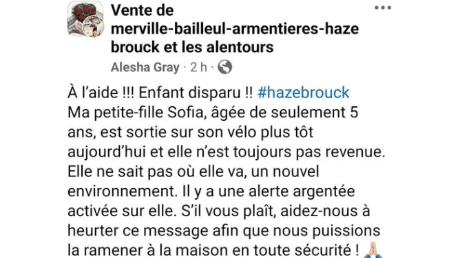 La fausse disparition de Sofia, 5 ans, relayée dans un groupe Facebook d'Hazebrouck. (CAPTURE D'ECRAN / FACEBOOK)