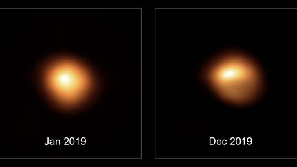 L'étoile Bételgeuse observée par&nbsp;un&nbsp;télescope au Chili, en janvier 2019 et décembre 2019. (MIGUEL MONTARGES / EUROPEAN SOUTHERN OBSERVATORY / AFP)