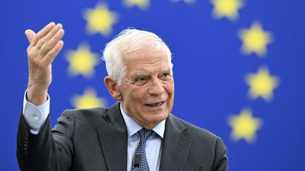 Le chef de la diplomatie européenne, Josep Borrell, lors d'une session plénière du Parlement européen à Strasbourg (Bas-Rhin), le 18 avril 2023. (FREDERICK FLORIN / AFP)