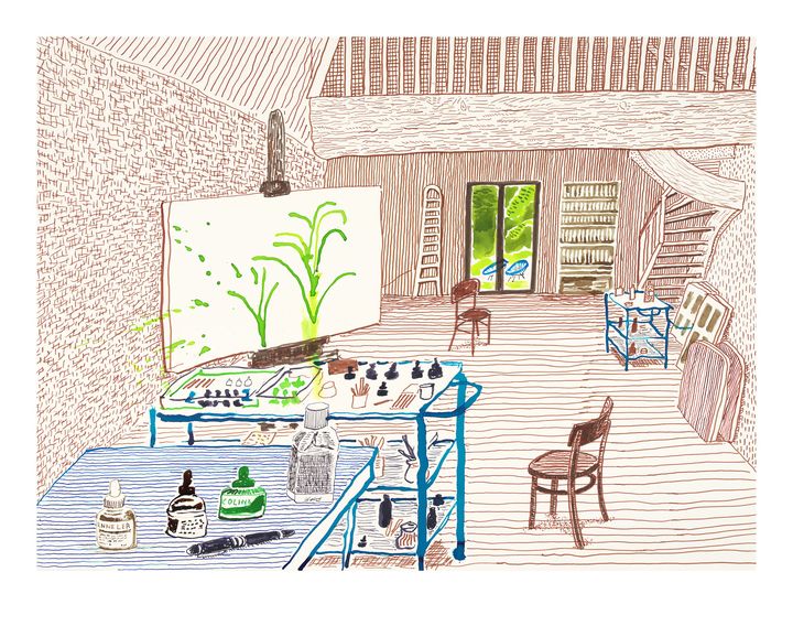 David Hockney, "In the Studio" 2019, Impression jet d’encre sur papier,&nbsp;Édition de 35 / 86,3 x 109,2 cm (© David Hockney, Crédit photo : Jonathan Wilkinson, Courtesy Galerie Lelong & Co. Paris)