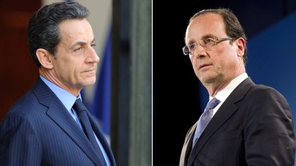 Selon un sondage Ipsos, au premier tour le candidat UMP, Nicolas Sarkozy (&agrave; g.), grimpe &agrave; 27% d'intentions de vote. Le candidat PS, Fran&ccedil;ois Hollande, est &agrave; 31,5%. (ERIC FEFERBERG / FRED DUFOUR / AFP)