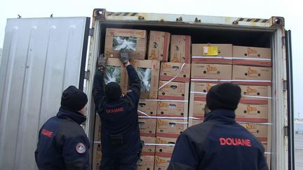 Les douaniers de Dunkerque ouvrent les cartons de bananes remplies de cocaine dans un conteneur lors d'un contr&ocirc;le le 1er d&eacute;cembre 2014&nbsp; (DOUANES FRANCAISES)