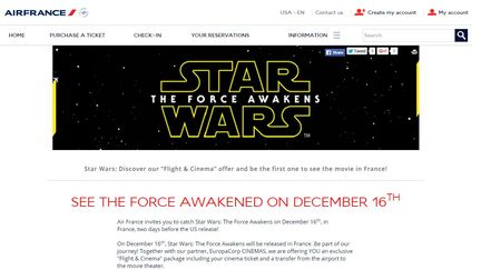 Capture d'&eacute;cran du site d'Air France proposant aux Am&eacute;ricains de voir "Star Wars" deux jours avant sa sortie aux Etats-Unis. (AIR FRANCE                       )