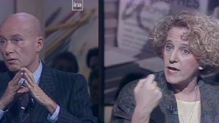 L'écrivain Gabriel Matzneff et la chroniqueuse québécoise Denise Bombardier, le 2 mars 1990 sur le plateau de l'émission "Apostrophes".&nbsp; (INA)