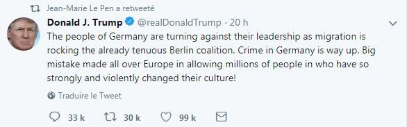 Jean-Marie Le Pen a retweeté lundi 18 juin un message de Donald Trump dénonçant l'immigration en Allemagne. (TWITTER)