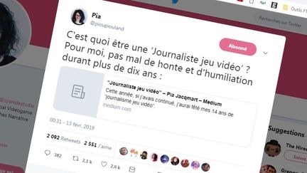 Pia Jacqmart explique avoir été harcelée dans plusieurs médias spécialisés dans les jeux vidéo et agressée sexuellement par un collègue dans un témoignage&nbsp;publié sur internet, le 13 février 2019. (@PIOUPIOULAND / TWITTER)