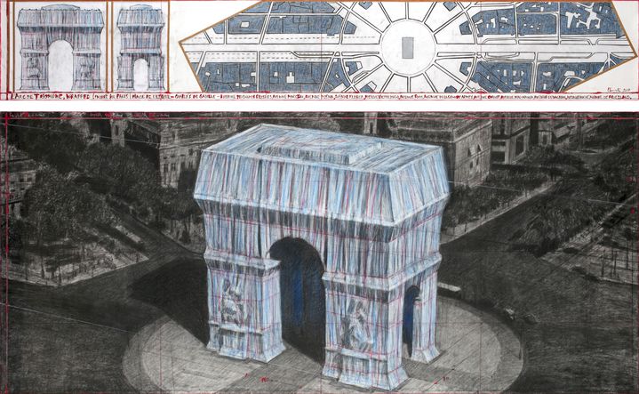 Dessin de préparation de l'empaquetage de l'Arc de Triomphe réalisé par l'artiste bulgare Christo, le 3 avril 2019 (ANDRE GROSSMANN / CHRISTO AND JEANNE-CLAUDE - 2019)