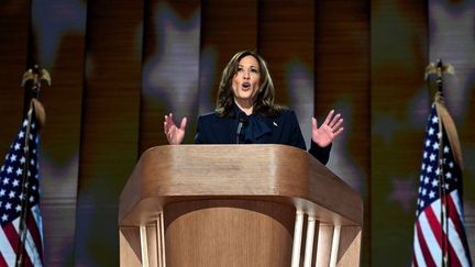 La vice-présidente américaine et candidate démocrate, Kamala Harris, le 22 août 2024 à Chicago lors de convention nationale du Parti démocrate. (ANDREW CABALLERO-REYNOLDS / AFP)