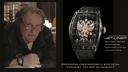 G&eacute;rard Depardieu fait de la publicit&eacute; pour une montre sur laquelle figurent les armoiries de la Russie. (CVSTOS / FACEBOOK )