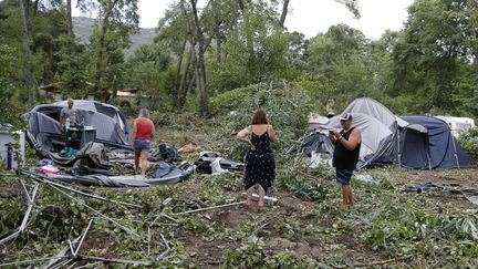 Des dégâts dans un camping en Corse après les orages, le 18 août 2022. (PASCAL POCHARD-CASABIANCA / AFP)