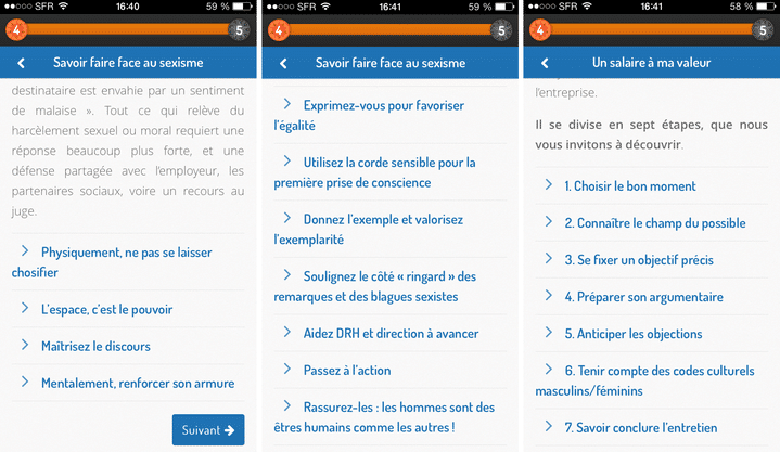 Faire face au sexisme, demander une augmentation... L'application livre des conseils sur de nombreuses situations professionnelles. (LEADERSHIP POUR ELLES / FRANCETV INFO)