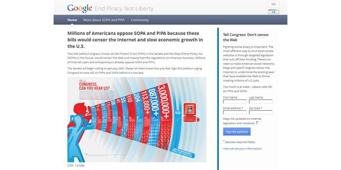 Message de protestation contre la loi antipiratage sur la page Google
 (DR)